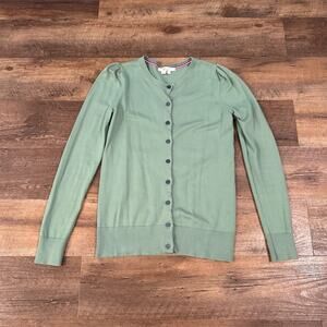 Boden Cardigan Sweater XS Sage Green Button Front Puff Shoulder Office READ